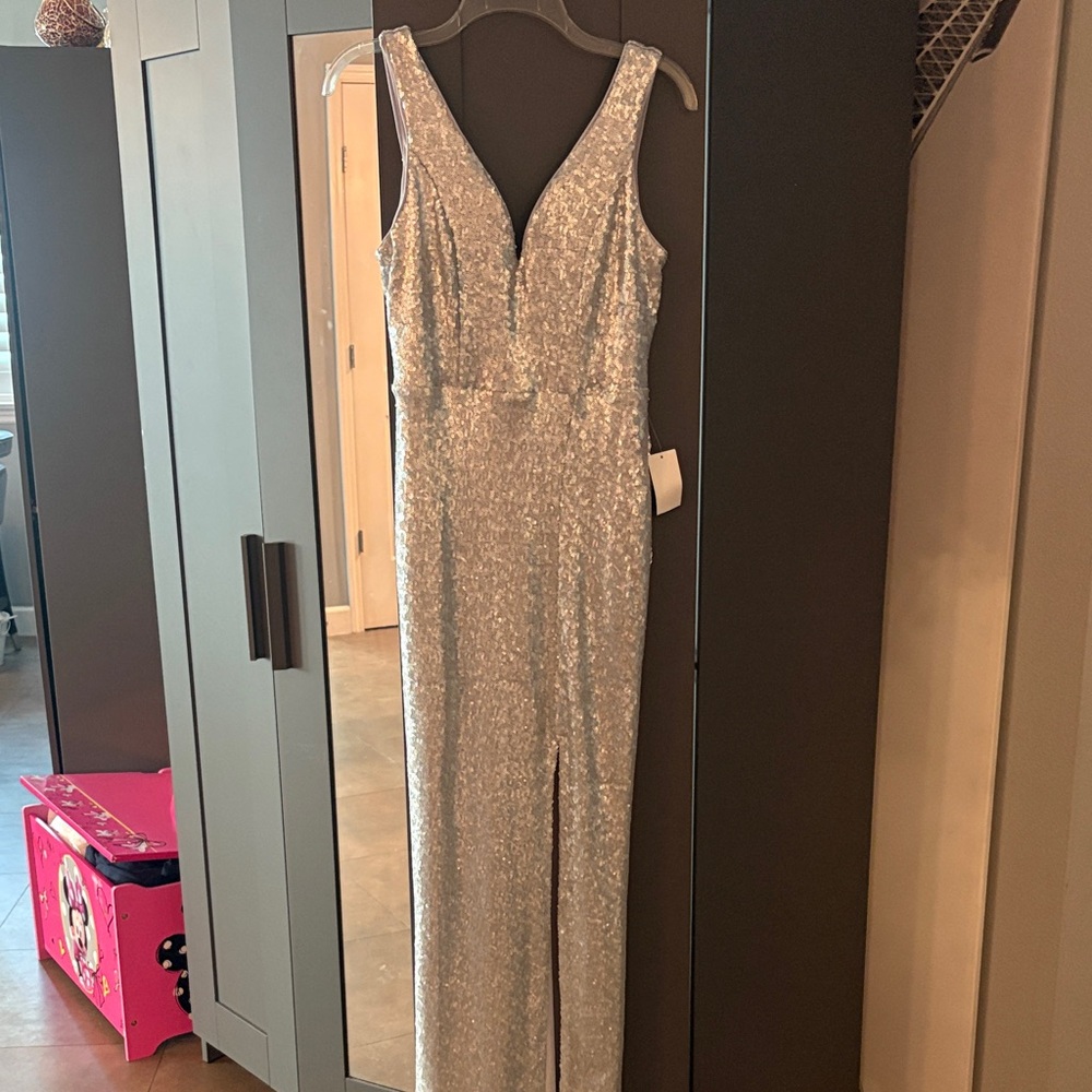 Sparkly Silver Sequin V-Neck Evening Gown S